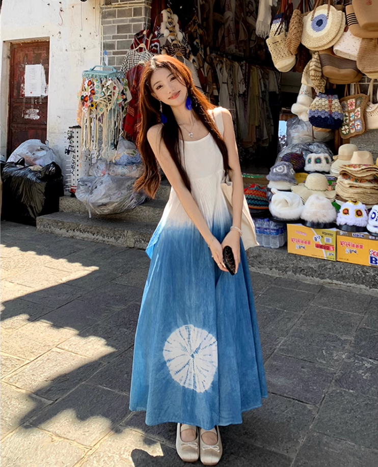 Fairy ruffle blue tie-dye color matching long skirt travel wear suspender dress R1712