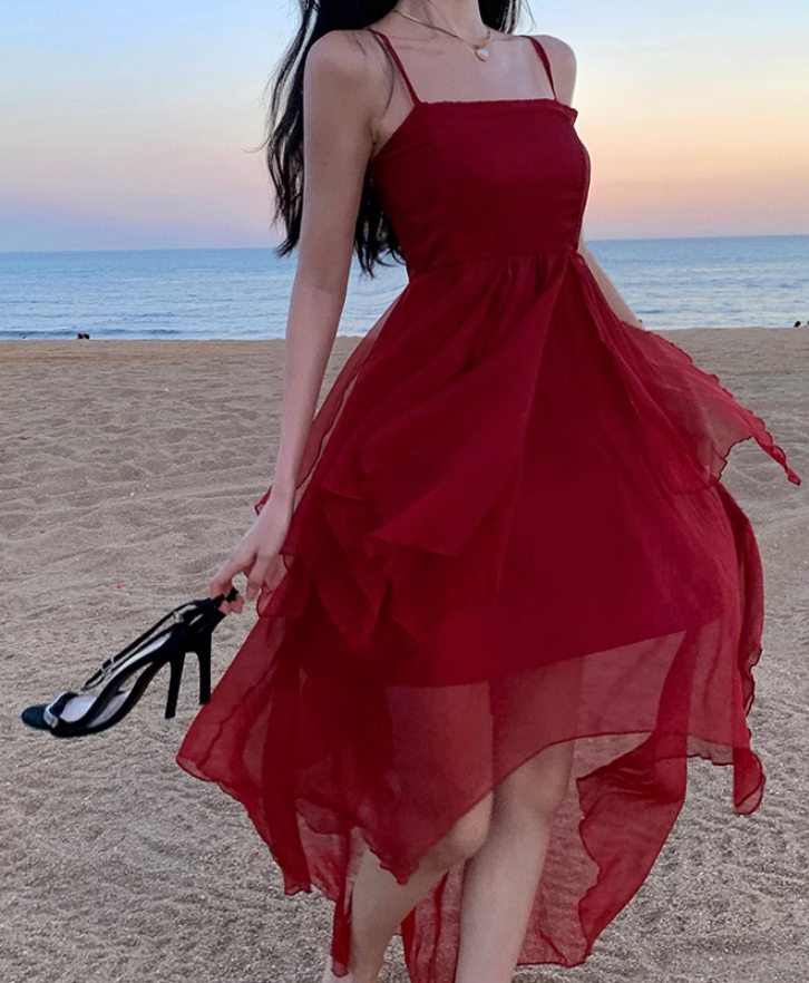 Fairy dress red beach dress vacation travel wear high waist irregular suspender skirt R1581