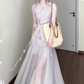 Purple mesh jacquard vest dress temperament waist A-line long skirt R0733