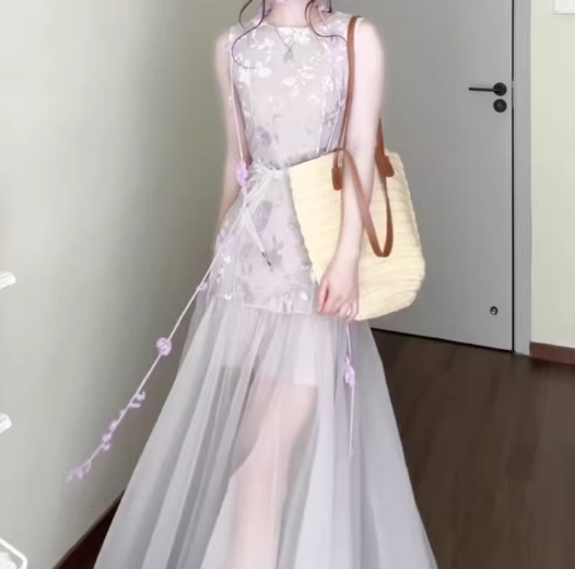 Purple mesh jacquard vest dress temperament waist A-line long skirt R0733