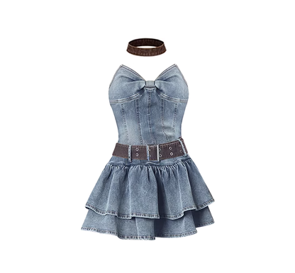 2025 new retro denim sweet and spicy tube top dress slimming puffy skirt one shoulder short skirt R0166