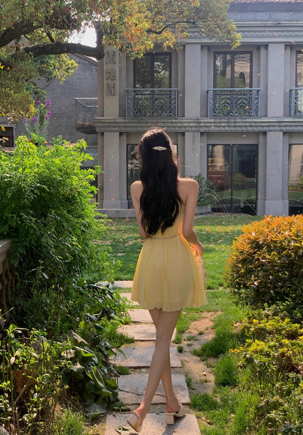 French yellow dress for women in summer pure desire style temperament waist slimming princess short skirt R4300