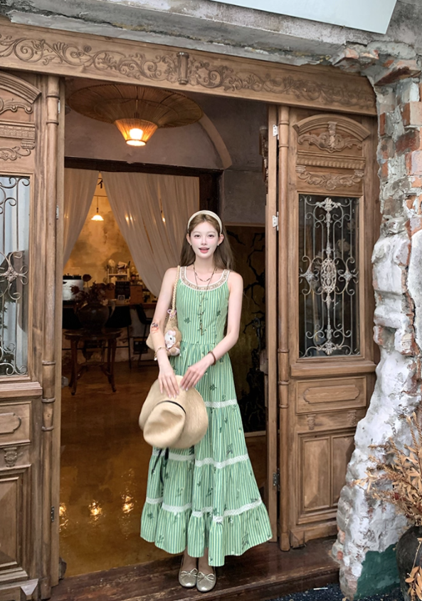 Green long round neck sleeveless suspender dress women's summer French temperament skirt R4742