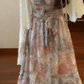 Retro floral suspender dress gentle temperament waist A-line long skirt R0785