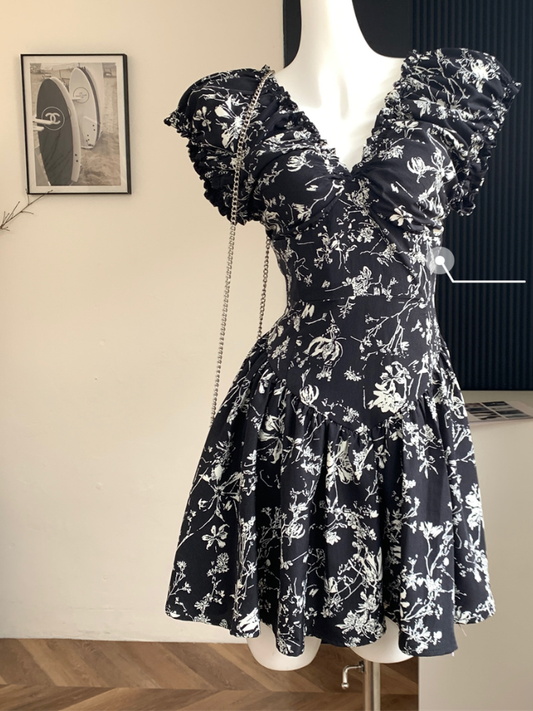 French floral V-neck short dress for women summer ruffled skirt R1991