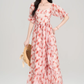 French red floral puff sleeve square neck dress holiday style waist big swing skirt R2403