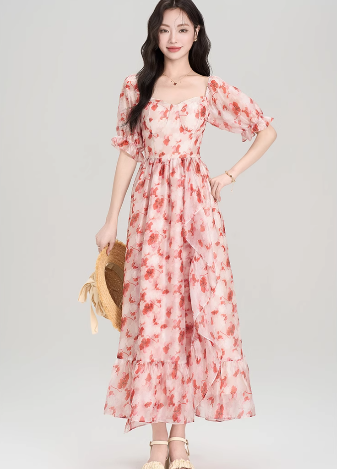 French red floral puff sleeve square neck dress holiday style waist big swing skirt R2403