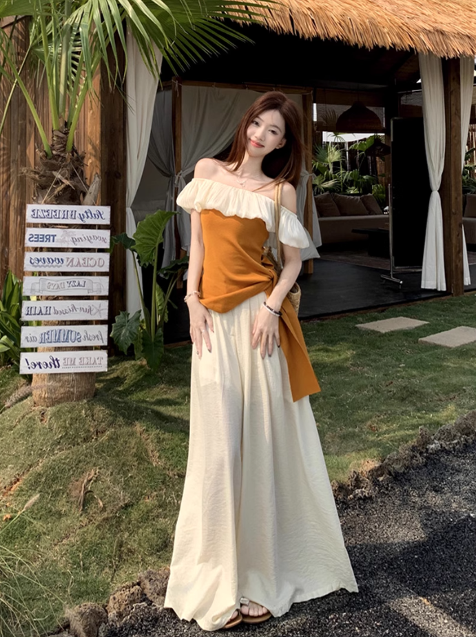 Beautiful summer suit, one-shoulder ruffled ice silk knitted top, wide-leg pants, two-piece suit R1739