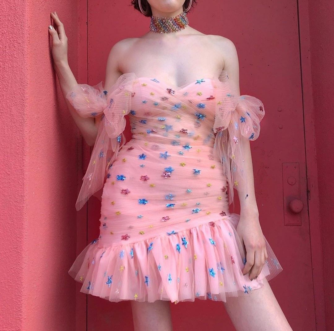 Pink cute one shoulder waist hip skirt homecoming dress R3578