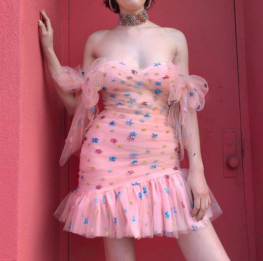 Pink cute one shoulder waist hip skirt homecoming dress R3578