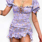 Purple floral puff sleeve waist hip skirt homecoming dress R3847