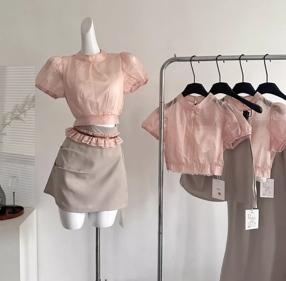 Lantern Sleeve Top Satin Orchid Tulle Asymmetric Skirt R2035