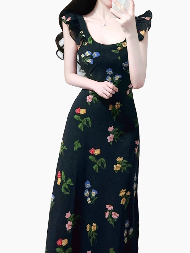 2025 summer new black floral waist slimming small flying sleeves holiday dress R0953