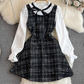 Little Chanel style celebrity temperament fake two-piece long-sleeved stand-up collar waist A-line coarse flower dress R0387