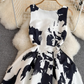 Temperament vest long skirt light luxury round neck waist sleeveless a-line print big swing dress R0398