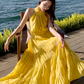 Beach holiday dress hides flesh and makes you look thin. Yellow backless French long skirt R0181