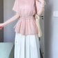 A set of beautiful pink short-sleeved shirt a-line skirt two-piece suit 2025 new R0846