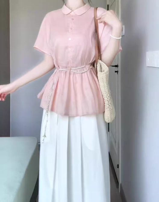 A set of beautiful pink short-sleeved shirt a-line skirt two-piece suit 2025 new R0846