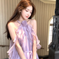 Purple ruffled halter neck off-shoulder suspender dress summer French temperament skirt R4666