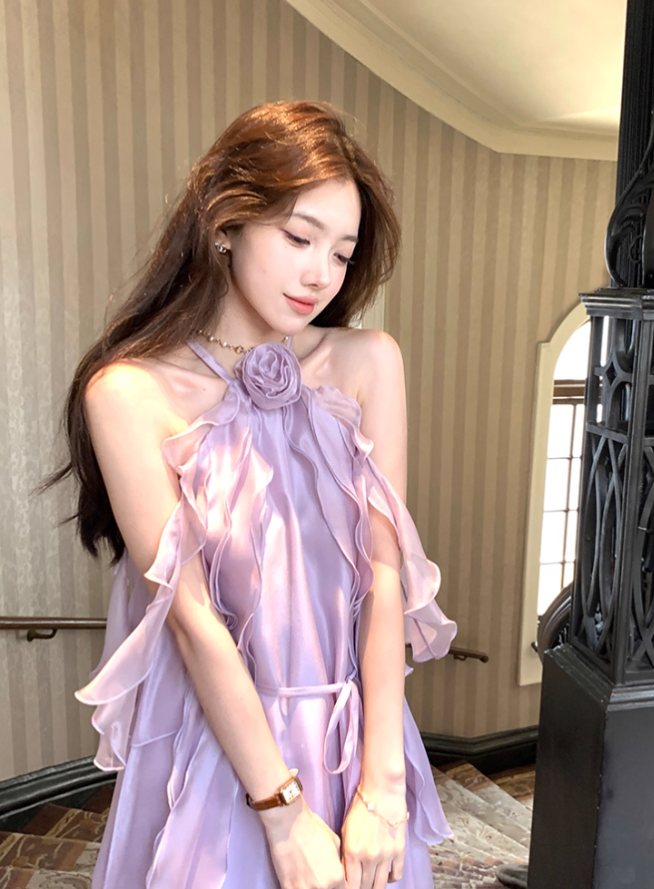 Purple ruffled halter neck off-shoulder suspender dress summer French temperament skirt R4666