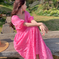 Retro lace heavy long French embroidery hollow V-neck puff sleeve loose fishtail dress R0180