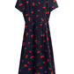 2025 Summer New Black V-neck Short Sleeve Cherry Print Wrap Long Dress R0920