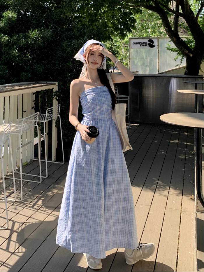 Fairy romantic French blue plaid long skirt tube top temperament design sling dress R1701