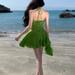 French green halter neck short skirt dopamine holiday style slim waist a-line dress R1631