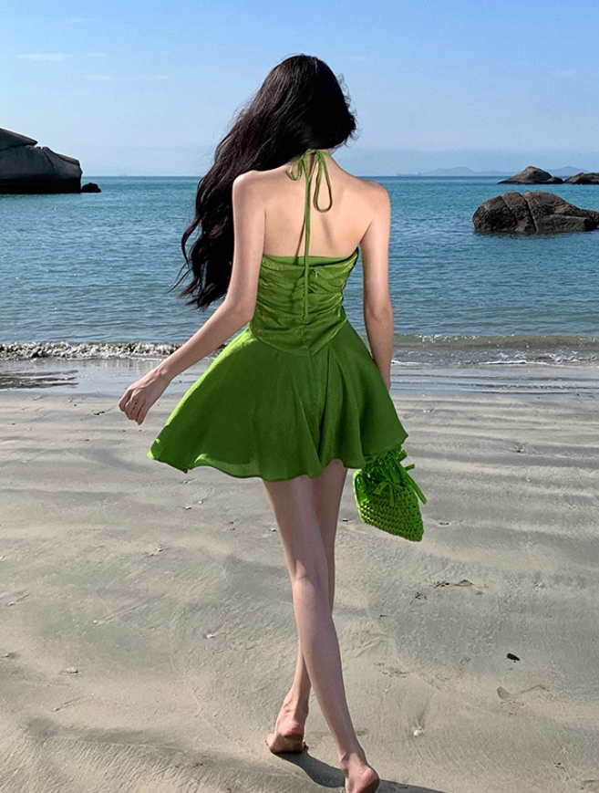 French green halter neck short skirt dopamine holiday style slim waist a-line dress R1631
