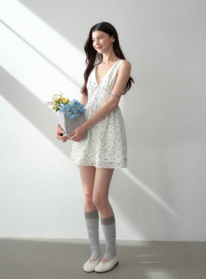 Tencel bow tie V-neck vest dress summer sweet playful midi dress R3332