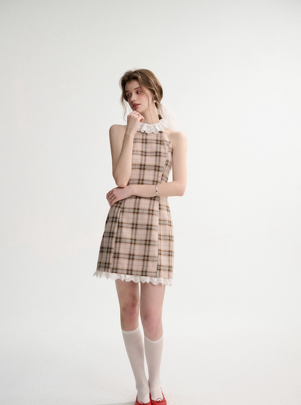 French halter neck dress summer petite outfit short skirt suspender skirt dress female spring R3528