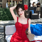 Beautiful red suspender dress sexy seaside holiday irregular short skirt R1477