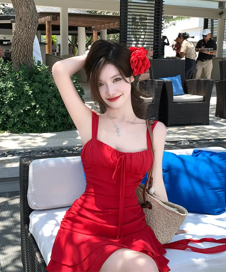 Beautiful red suspender dress sexy seaside holiday irregular short skirt R1477