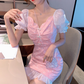 Mesh V-neck petite French first love sweet pink dress for women R4176
