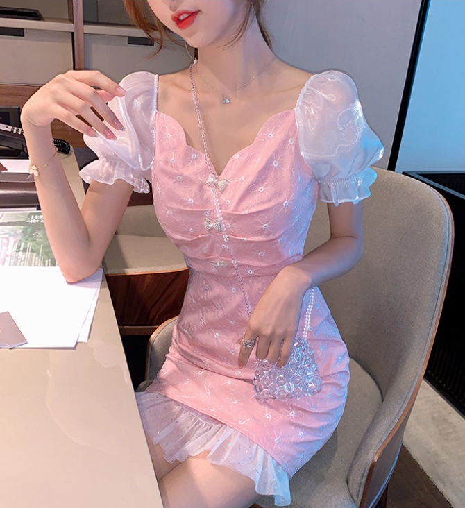 Mesh V-neck petite French first love sweet pink dress for women R4176