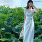 Light blue irregular dress summer new style generous and decent temperament slim long skirt R4220