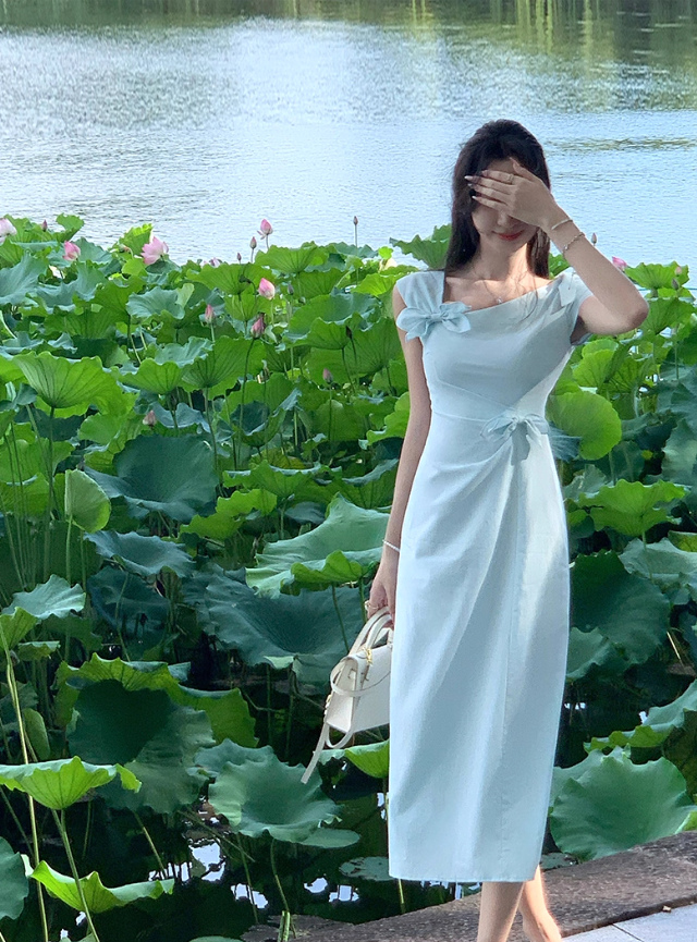 Light blue irregular dress summer new style generous and decent temperament slim long skirt R4220