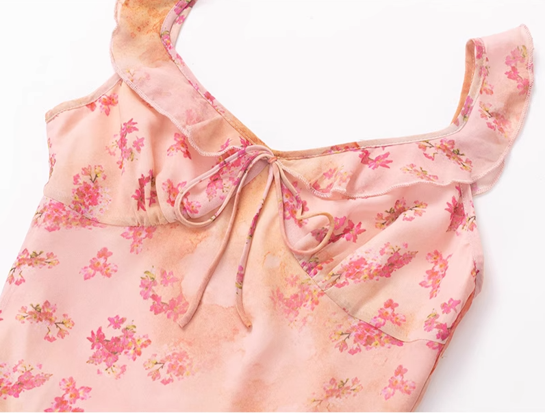 2025 summer new pink floral gentle style small flying sleeve waist lace dress R0954