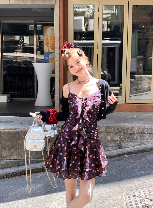 Ruffled Romantic Rose Suspender Dress French Retro Temperament Dress R4988