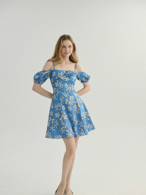 French floral skirt seaside holiday skirt fairy skirt blue short dress R2770