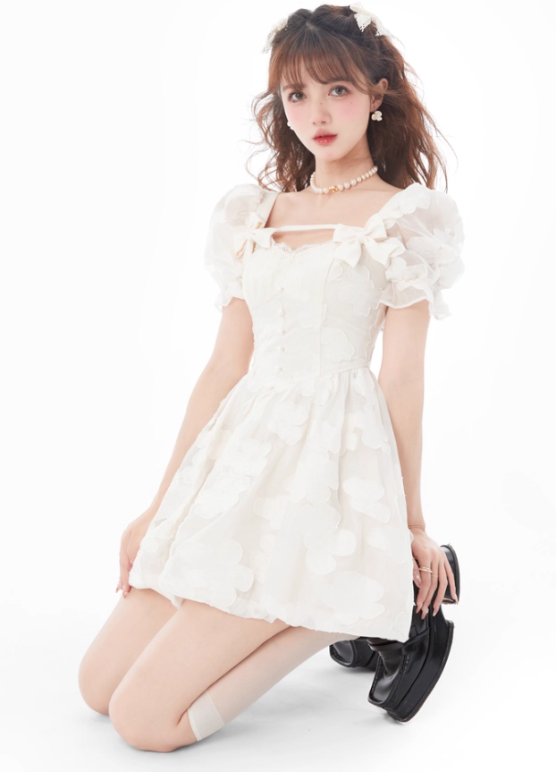 French artistic skirt light luxury romantic fairy bow print dress R4987