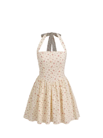 French tea break floral ruffle halter dress for summer, fresh and sweet waist slimming short skirt R3342