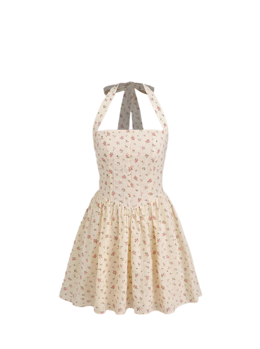 French tea break floral ruffle halter dress for summer, fresh and sweet waist slimming short skirt R3342