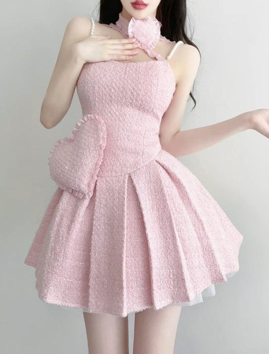 Pink suspenders three-dimensional heart waist pleated skirt short skirt homecoming dress R3519