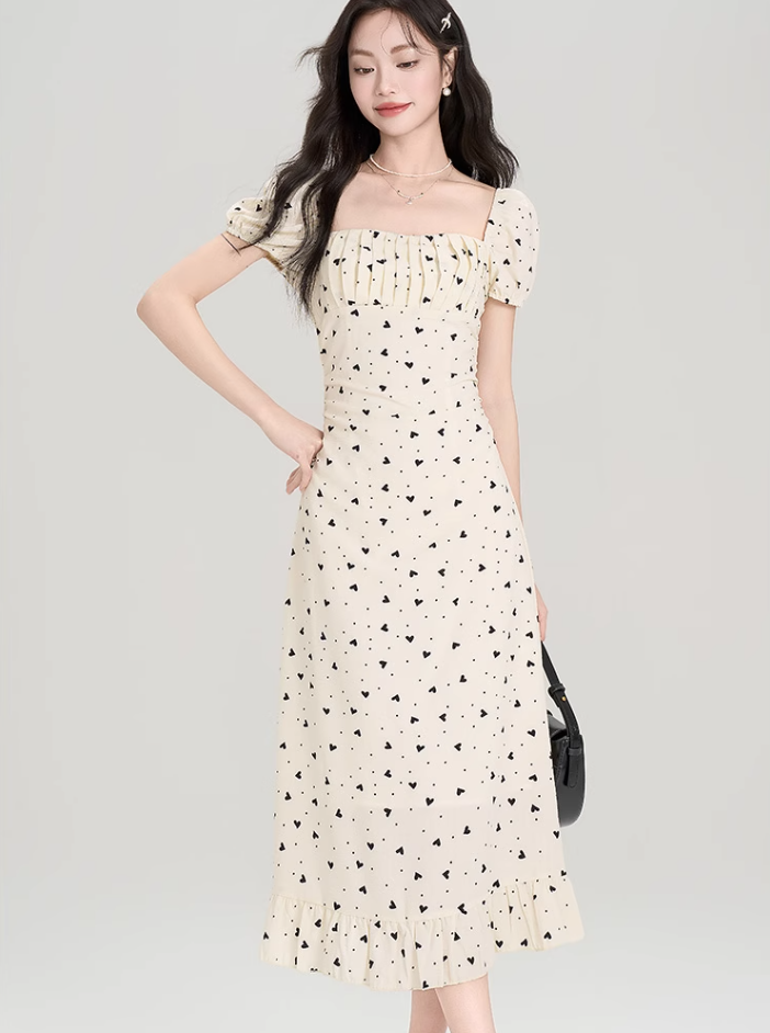 French polka dot square neck puff sleeve dress new style waist slim fit hip long skirt R2391