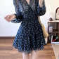 Navy Blue Floral V-Neck Long Sleeve Mini Dress R9094