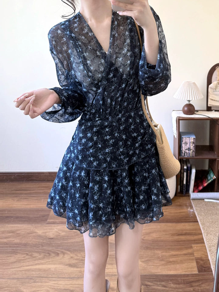 Navy Blue Floral V-Neck Long Sleeve Mini Dress R9094