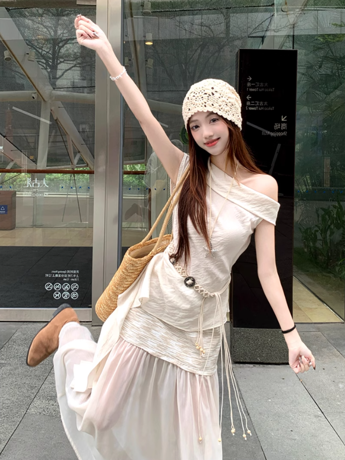 Fairy temperament high-end irregular off-shoulder sleeveless top skirt suit two-piece suit R1756
