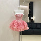 Pink floral tube top slim waist fluffy skirt princess short skirt homecoming dress R3934