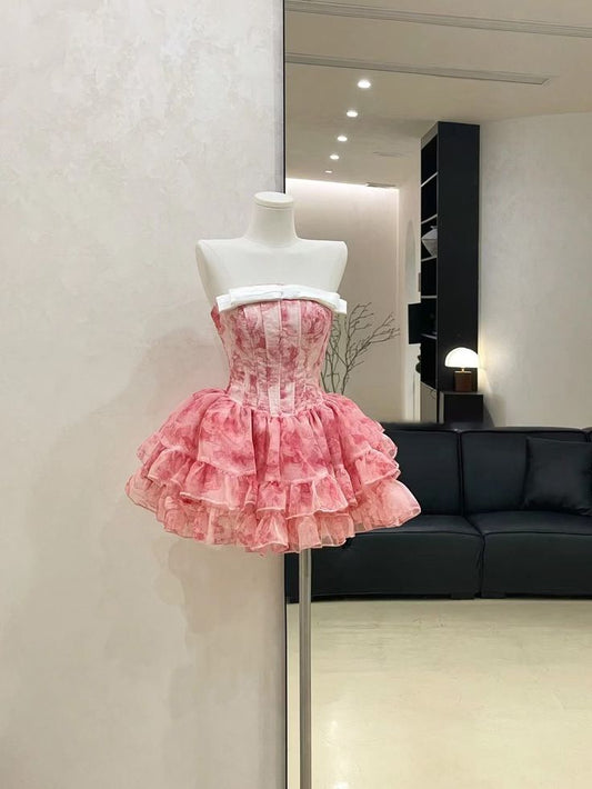 Pink floral tube top slim waist fluffy skirt princess short skirt homecoming dress R3934